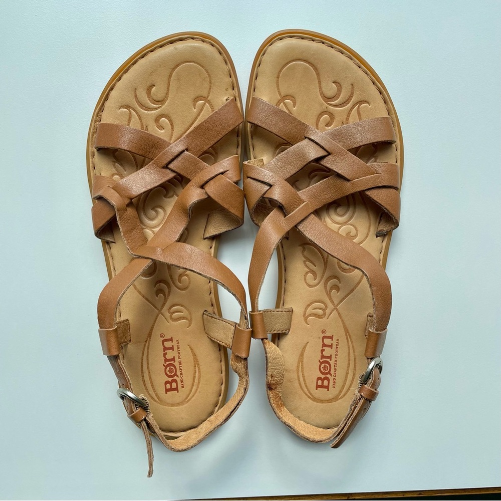 Born Women’s Leather Strappy Sandals Padded Footbed Size 8 Boho Tan Brown Summer